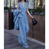 Fashion Set Summer Spring New Design Blue Linen Blazer Wide Leg Pants Three Piece Suit
