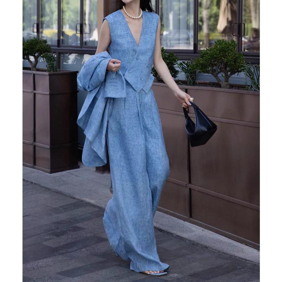  Fashion Set Summer Spring New Design Blue Linen Blazer Wide Leg Pants Three Piece Suit