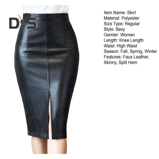 Women Skirt High Waist Sheath Slim Fit Skinny Faux Leather Split Hem Knee Length Solid Color Smooth Zipper Closure OL Commute Lady Midi Skirt