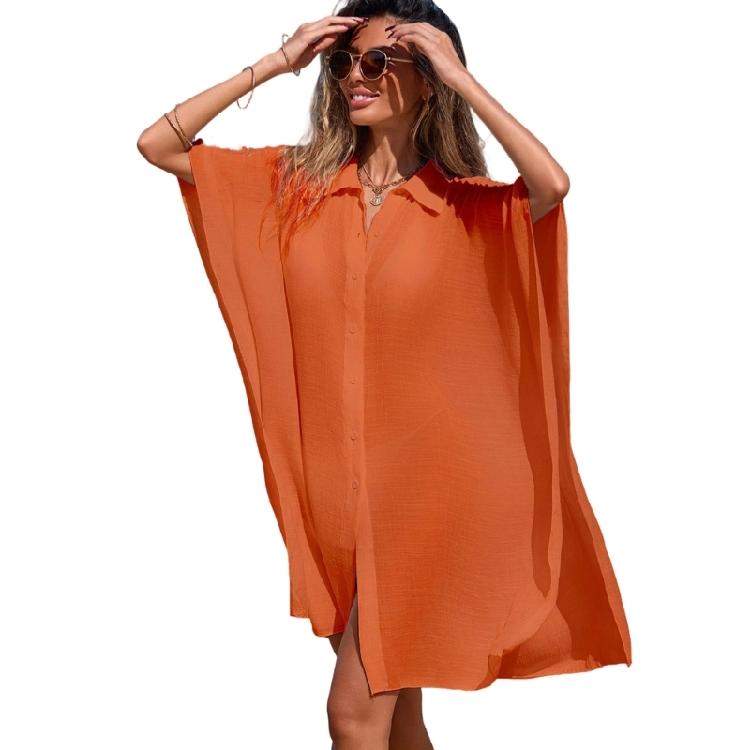 

Elegant Sheer Fabric Shore Top Relaxed Short Sleeve Garment Bathing Suit Cover Up Clothes For Sun And Beach оранжевый