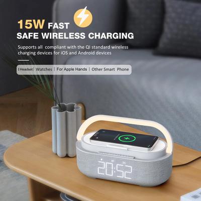 Altavoz Bluetooth Batería de 2500 mAh Soporte Carga inalámbrica de 15 W Pantalla de reloj digital Luz nocturna Reloj despertador Estéreo Bluetooth