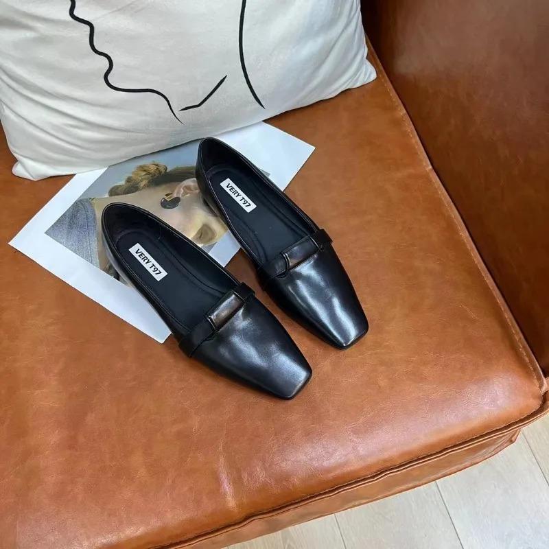 Women Basic Shoes Soft Cowhide Daily Footwear On Thick Heel Slip On Work Pumps Genuine Leather Simple Shoes Cozy Loafers