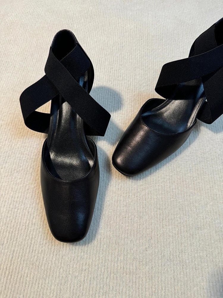 

New retro versatile ballet high heels children thick heel cross belt hollow casual bag head sandals 39 чорний