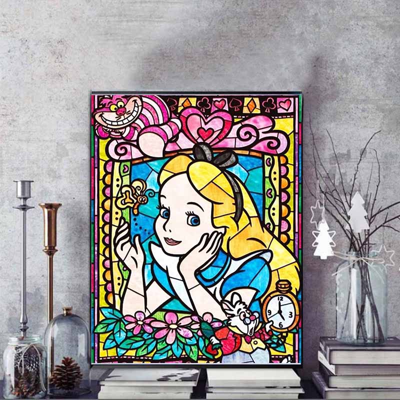 Disney Diamond Painting Alice in Wonderland Stained Glass Artwork Cute DIY Rhinestone Mosaic Cross Stitch Kit Embroidery Gift Home Decor