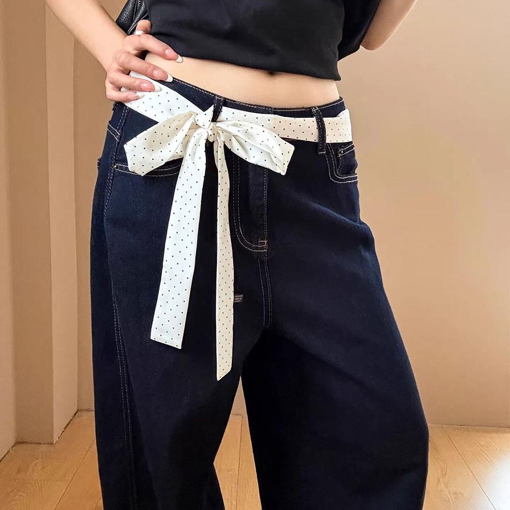 French Style High-End Black Polka Dot Scarf Women's Simple Black White Dot Long Scarf Fashion Ribbon Headband Choker Waist Belt