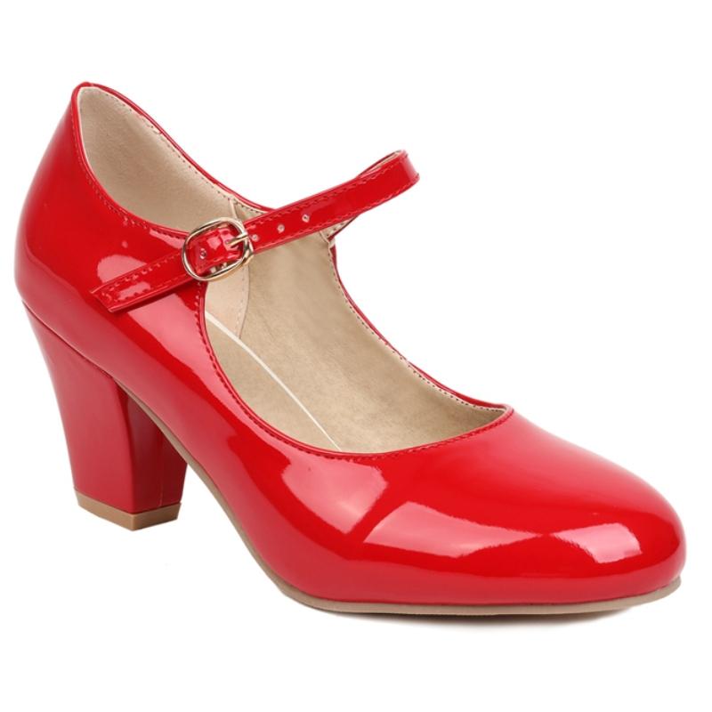 Women's Block High Heels Pumps Big Size 45 Lolita Mary Jane Shoes Elegant Black Red Pink Blue Heeled Office Wedding Shoes Ladies