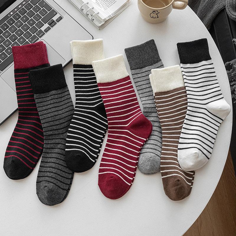 Red Socks, Women's Pile Socks, Autumn and Winter Trendy Long Socks, Retro Striped College Style Thigh-high Socks