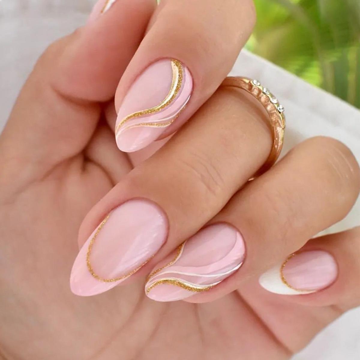 

Almond-Shaped Nude Pink French Tip Press-On Nails with Gold Accents