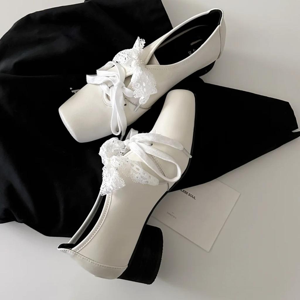 Sheepskin Version~ Genuine Leather French Mary Jane Small Leather Shoes Niche Square Head High-end Lace-up White Thick Heel Single Shoes Women