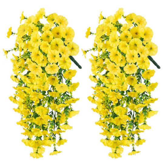 Artificial Flowers for Outdoor, Fake Hanging Morning Glory with Eucalyptus Leaves, UV Resistant Faux Plants Petunias Trailing Vines for Porch, Patio,