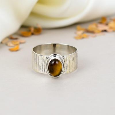 925 Sterling Silver Tiger Eye Gemstone Oval Shape Texture Band Ring For Women
