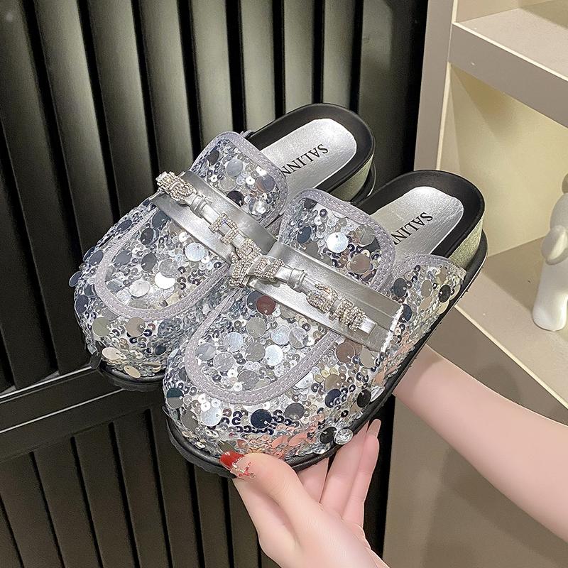 Fashion Bling Platform Mules Slippers Women Flat Sandals Casual Loafers Shoes Woman 2025 Trend Comfort Elegant Dress Summer Slides Mujer