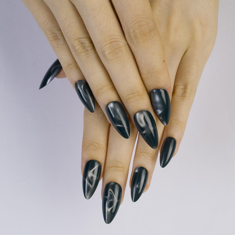 24 Wearable Nails, Medium Long Almond Nails, Black Cat-eye Manicure Nails, Wearable Fake Nails