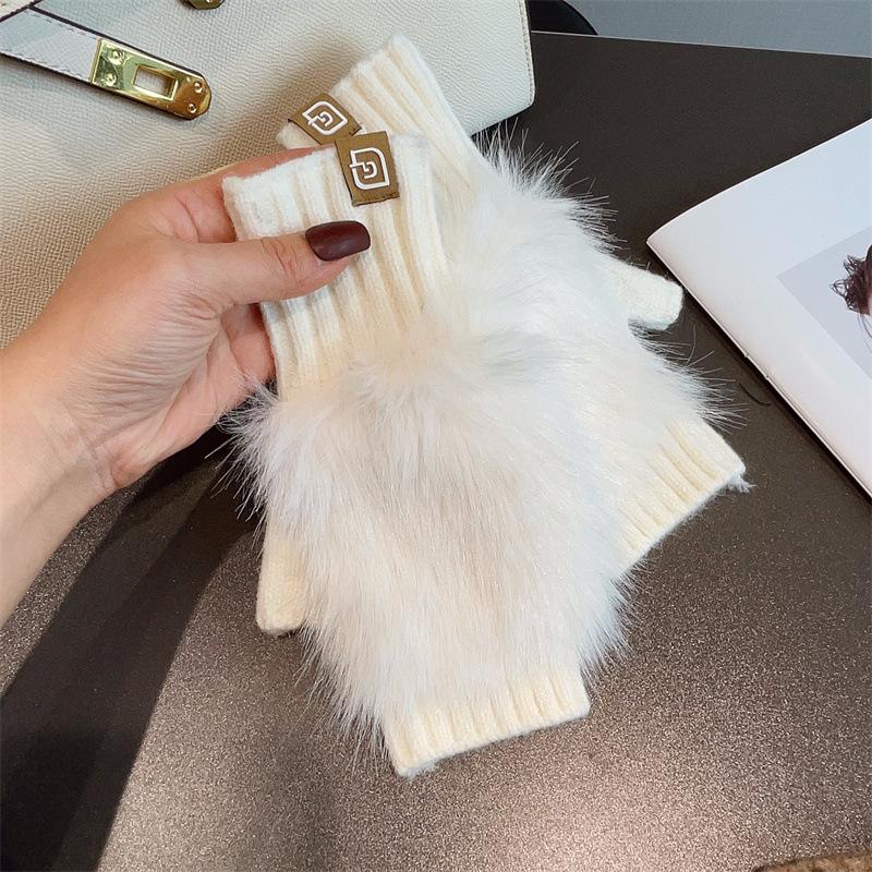 Leopard Print Plush Half-Finger Suede Gloves - Warm, Cute Winter Style for Students