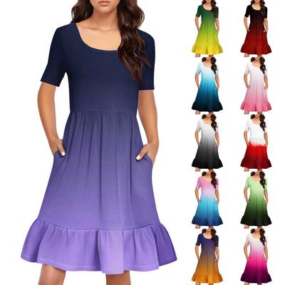 Women's Casual Round Neck Short Sleeved Dress Loose Waist Pleated Dress Waist Pleated Dress