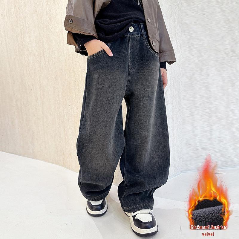 Boys' Fleece-Lined Casual Jeans - Spring/Autumn 2025 Style for Mid-to-Large Children