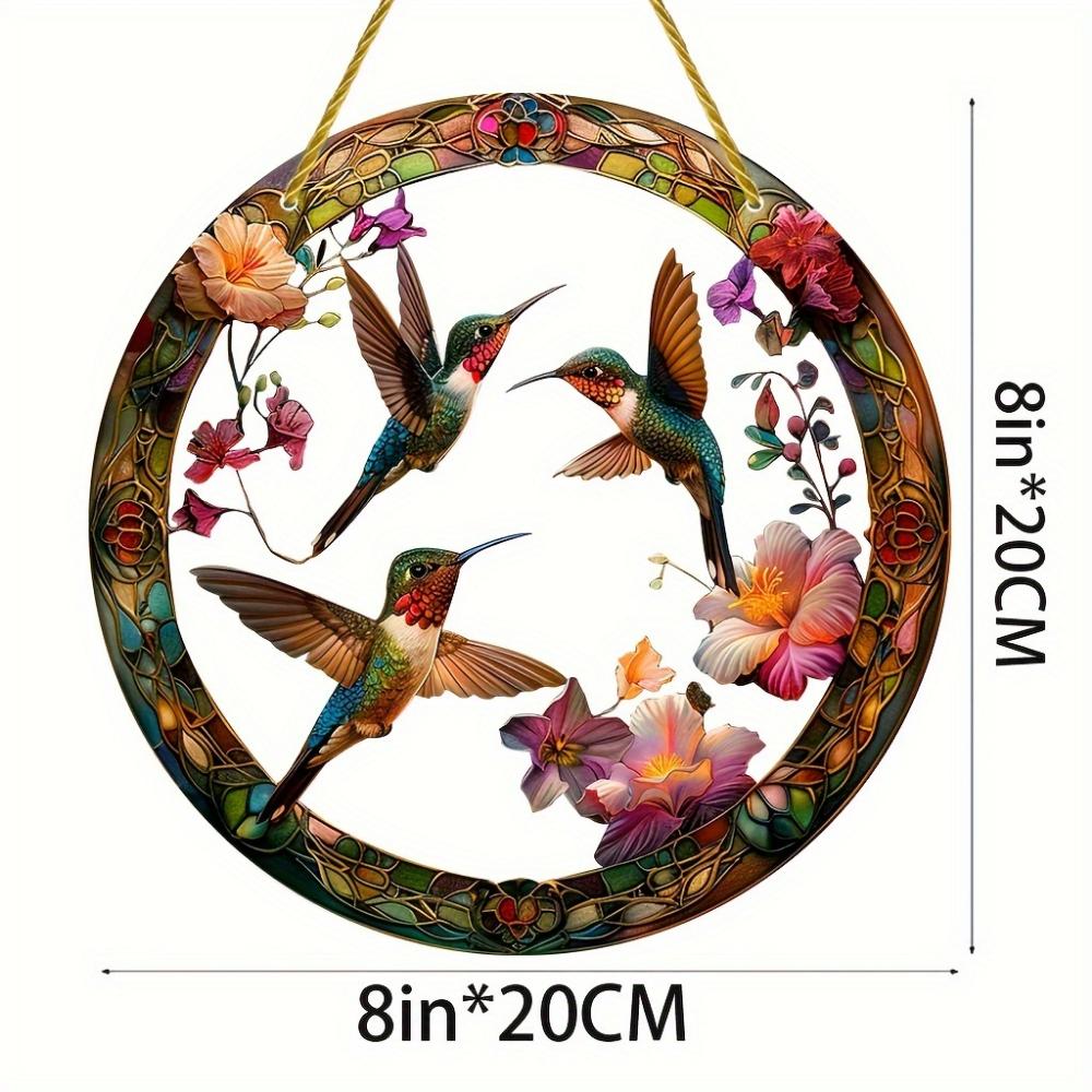 20CM 2D Flat Hummingbird Flower Color Art Translucent Round Window Hanging Decorative Acrylic Decorative Sun Catcher Parasol for   Garden Gift