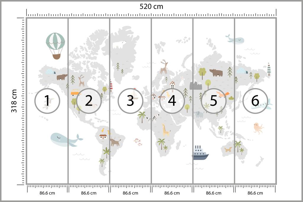 Photomural World Map With Cute Animals In Cartoon Style. Map For Nursery, Kids Room With Nature, Animals, Transports. Scandi Smooth Vinyl 520x318