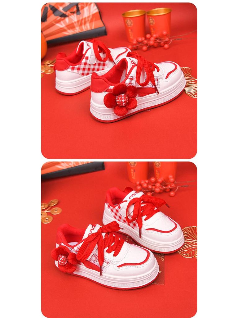 2025 Winter Girls' Red Non-Slip Sports Shoes - Versatile, Casual Board Shoes for Medium and Large Children