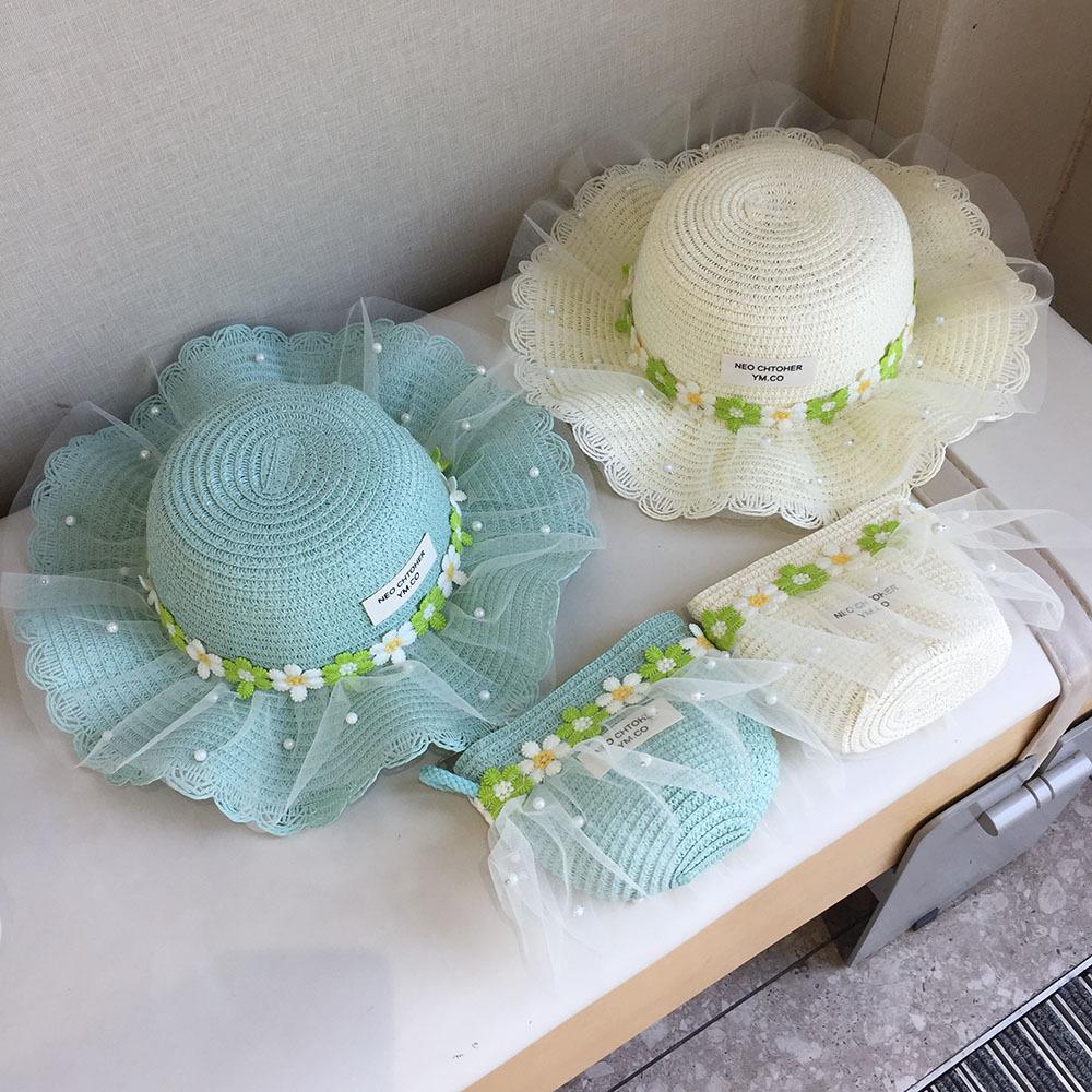 Girls Summer Straw Hat With Pearl Mesh And Bowknot Wide Brim Sun Hat For Kids Beach Princess Shade Cap