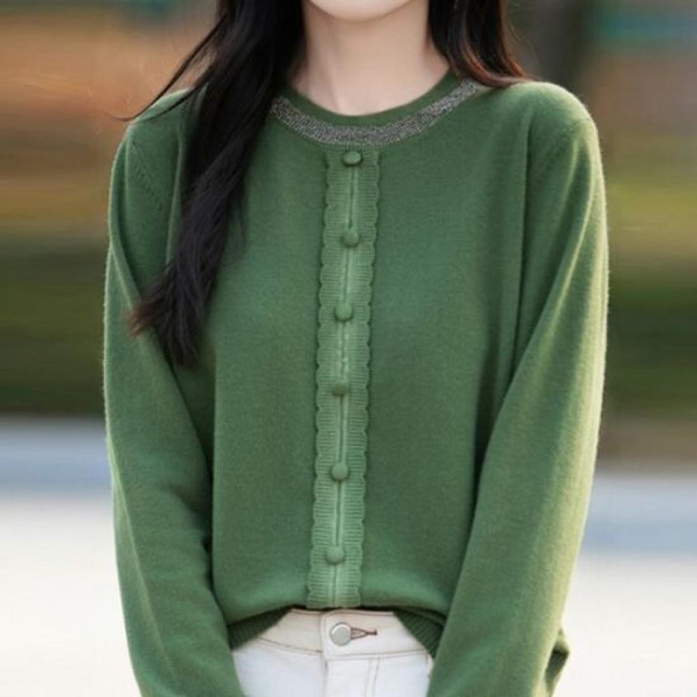 Navava Daily Button Point Round Neck Long Sleeve Knit Tee Nk3602