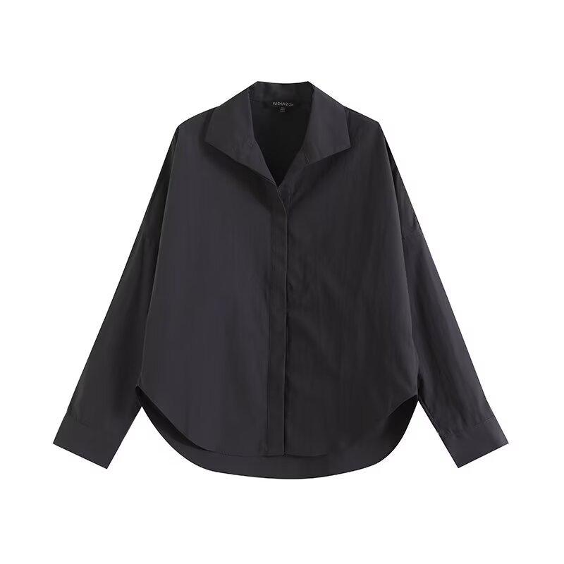 

Женская мода весна 2025: Свободная, Простая, Повседневная рубашка с отложным воротником, однобортная, с длинным рукавом L темно-синий