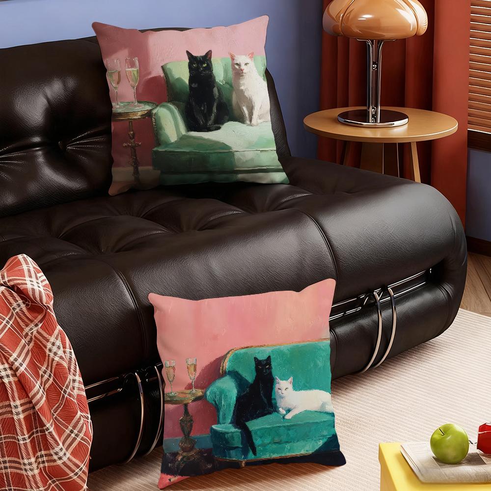 Black and White Cats with Champagne Art Pillow Case Bedroom Sofa Living Room Backrest Decoration Square Cushion Nap Time