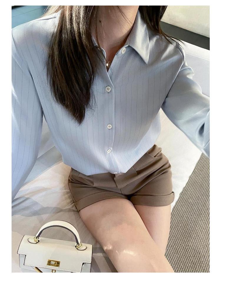 2025 Spring Blue Striped Satin Straight Shoulder Women's Work Blouse