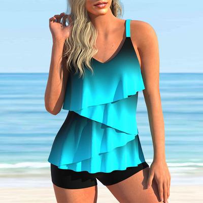Women's Swimwear Tankini 2 Piece Swimsuit Blue Lotus Leaf Gradient Print Vacation Bathing Suits