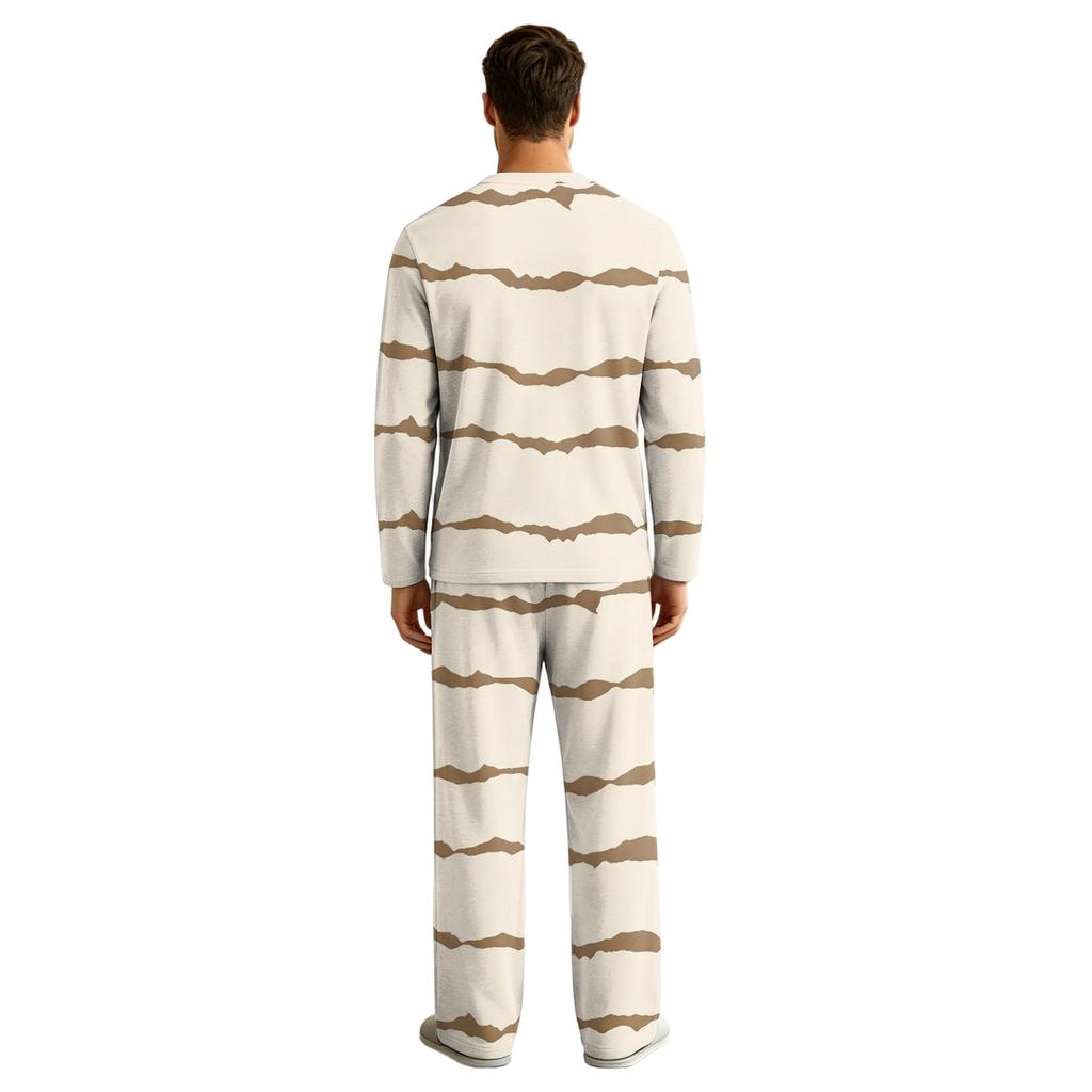 Men's Pajama Set Long Sleeve Top and Long Pants with Button Crotch and Elastic Drawstring Waist for Home Loungewear