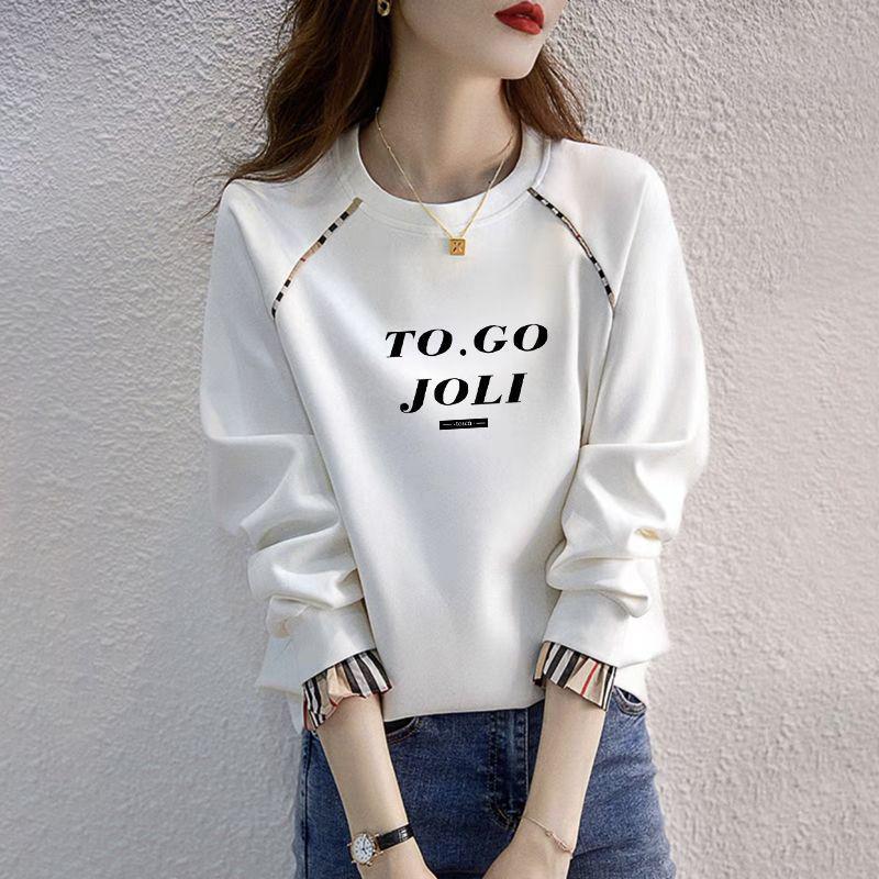 Women's Loose Fit Cotton Pullover - Korean Style, Long Sleeve, Round Neck, Fake Two-Piece, 2025 Spring/Autumn Collection