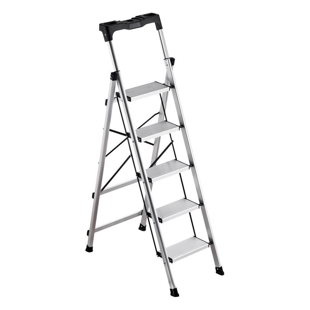5 Step Ladder, Folding Step Stool with Wide Anti-Slip Pedal and Comfort Handgrip, 150 Kg Capacity Portable Aluminum Stepladder, Multi-Use for Kitchen,