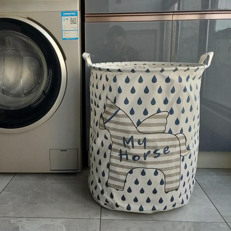 Nordic Cartoon Horse Cotton Linen Laundry Basket - Large Folding, Waterproof Storage for Clothes and Toys
