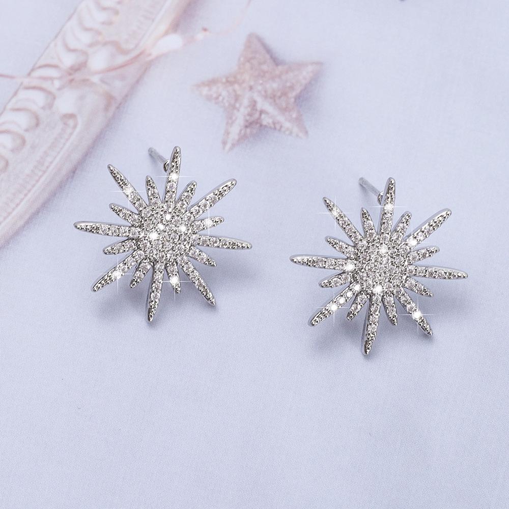 Korean Style Copper Micro-Inlaid Zircon Eight-Pointed Star Earrings for Wedding or Christmas