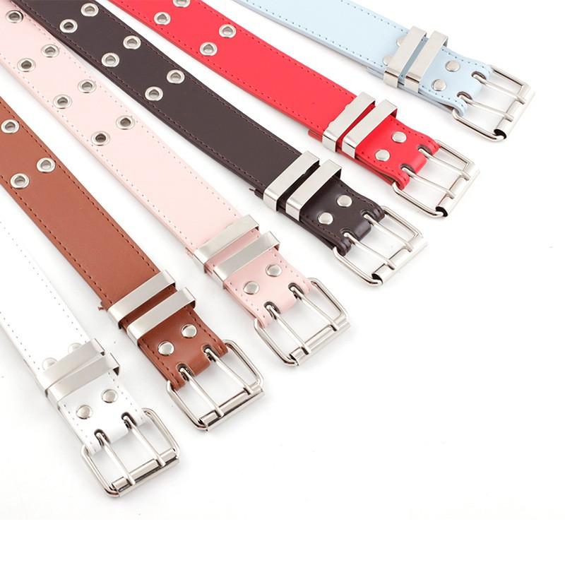 Women Trouser Belt Punk Cool Metal Buckle Adjustable Eyelet Leather Fashion Thin Waistband For Jeans Dress Hole Waist Goth Belt