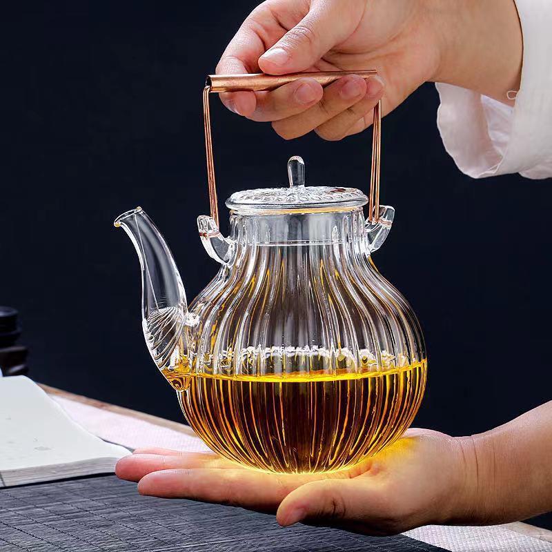 Chrysanthemum Petal High Borosilicate Glass Teapot Set with Copper Handle