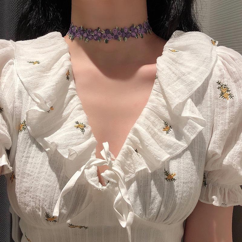 Girocollo con collana in pizzo con fiori dolci per donne e ragazze, ricamo di buona qualità, moda, design romantico, accessorio