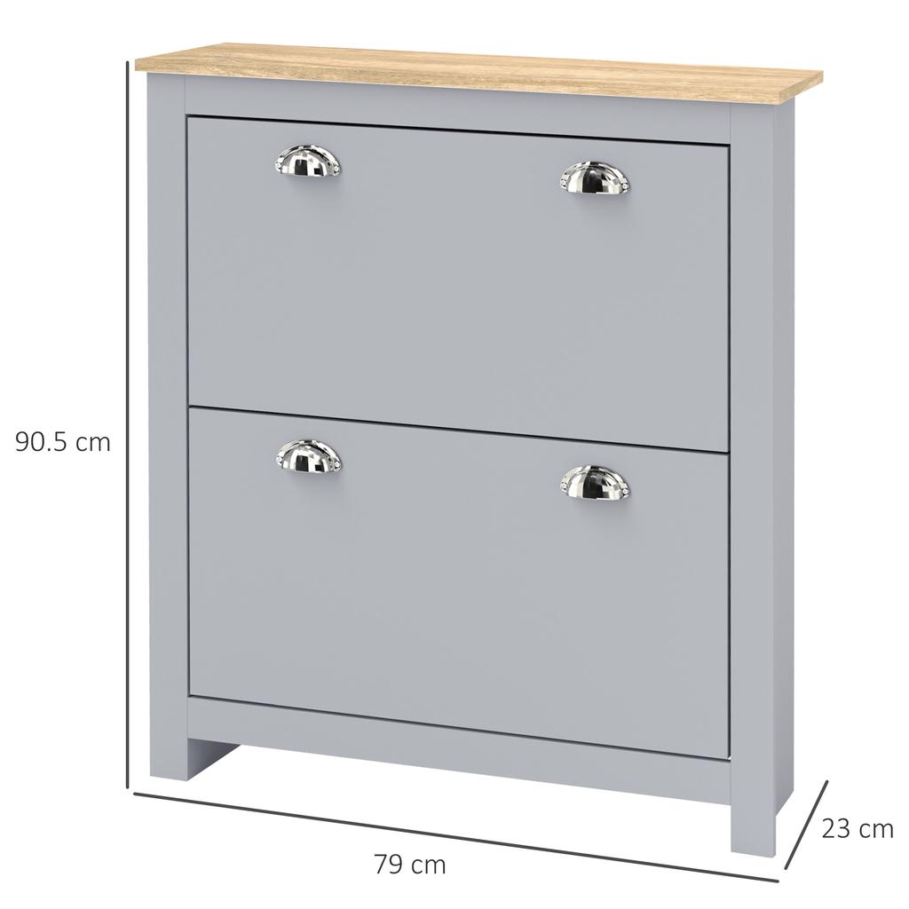2 Drawer Shoe Cabinet Modern Narrow Shoe Cupboard Hallway Wooden Storage Organiser with Flip Doors Adjustable Shelf for 6-12 Pairs, Grey