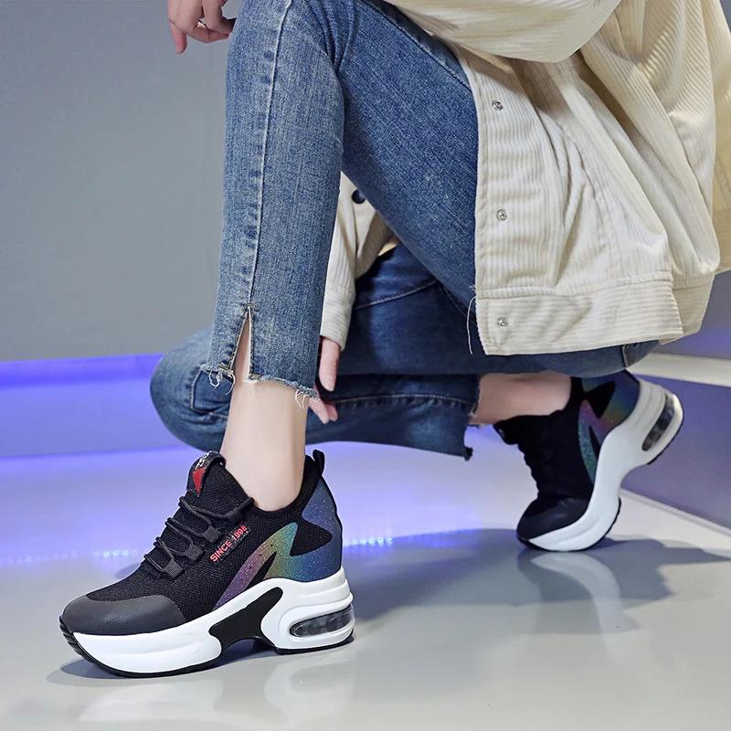 Fashion 2025 Spring Heel Shoes Women Inner Heightening Sports Shoes Fashion Flower Wedge Female Sport Shoes Student Sneakers