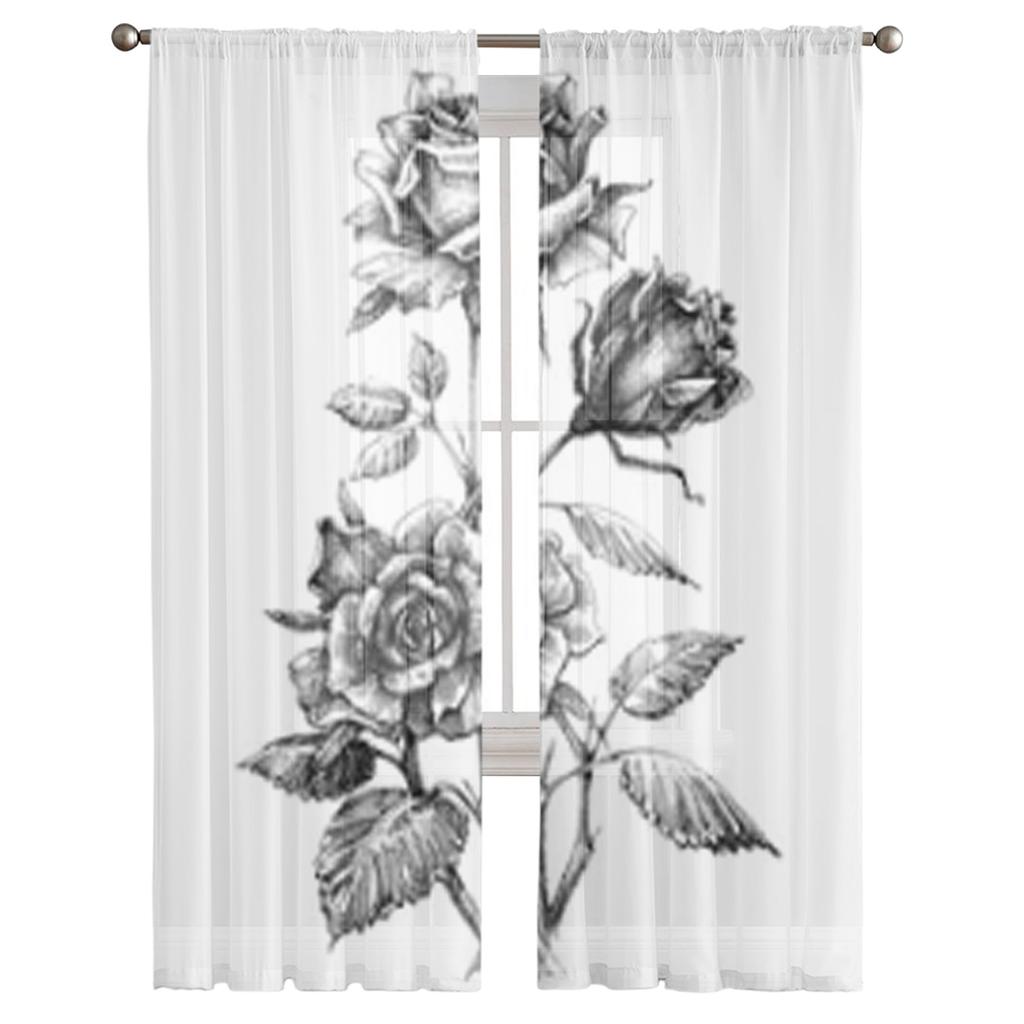 Hand Drawn Rose Sheer Curtains Transparent Voile Tulle Drapes For Living Room Bedroom Window Home Decor
