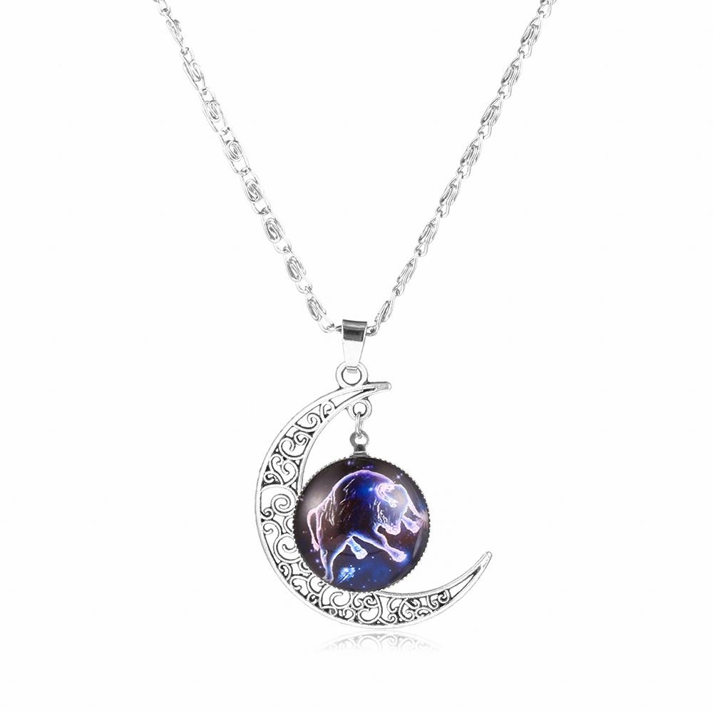 12 Zodiac Signs Glass Dome Crescent Moon Necklace for Women Aries Taurus Cancer Aquarius Pisces Necklace Fashion Party Jewelry