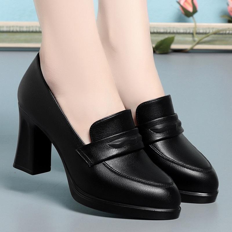 Høye hæler kvinner, vår og høst nye svarte jobbsko er ikke slitsomme, tykke hæler skinnsko pendle, sub single sko