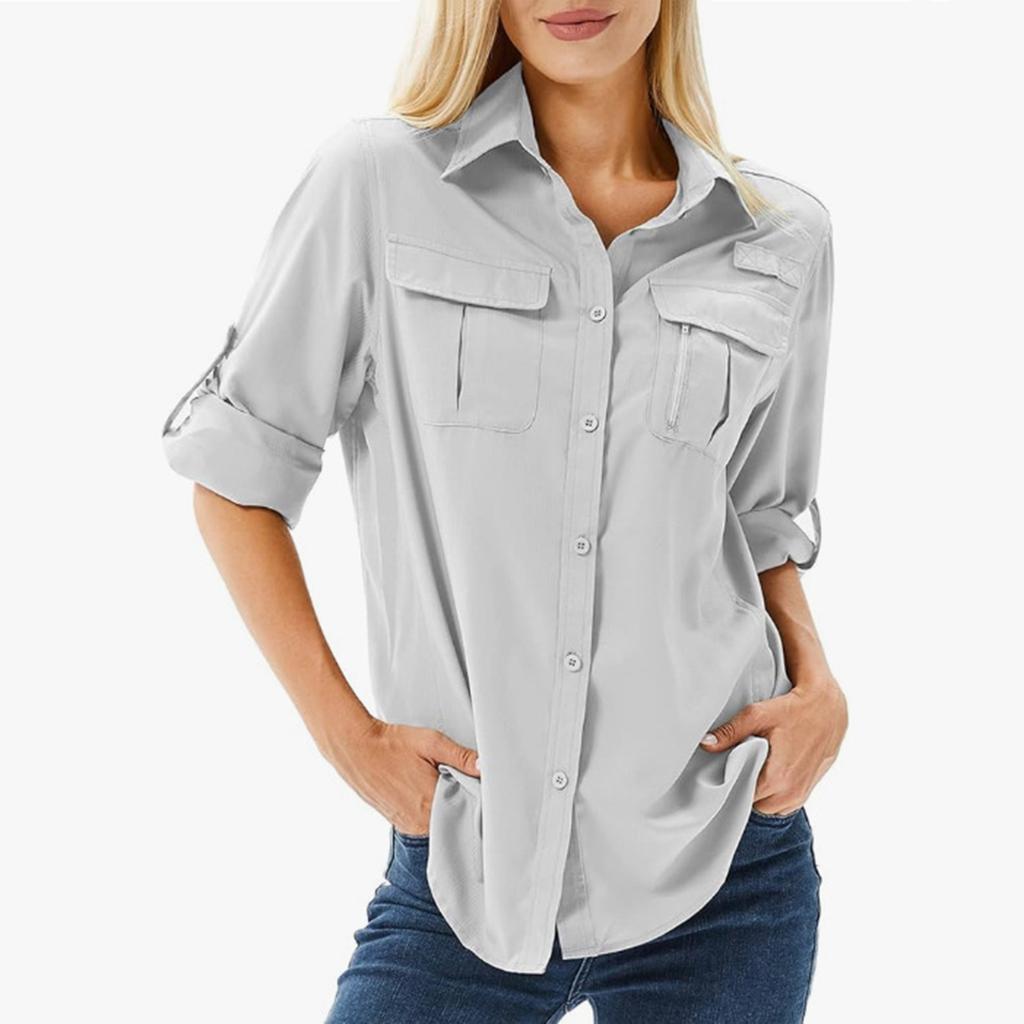 Women's Fashion Quick-drying Stretch Shirt Multi-pocket Breathable UV-resistant Outdoor Thin Long-sleeved Top