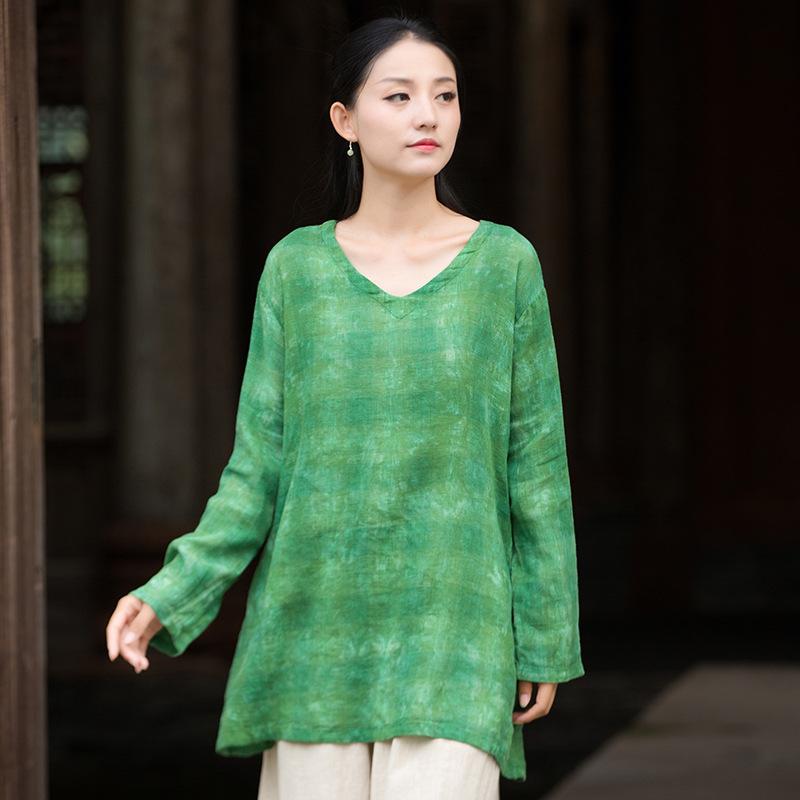 Johnature Women Vintage Print T-Shirts V-Neck Long Sleeve Autumn Loose Female Soft T-Shirts