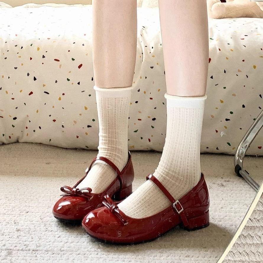 Scarpe Mary Jane da Donna Rosso Vino Primavera Scarpe Casual da Donna Poco Profonde con Fiocco a Farfalla Scarpe Eleganti in Pelle da Vestito