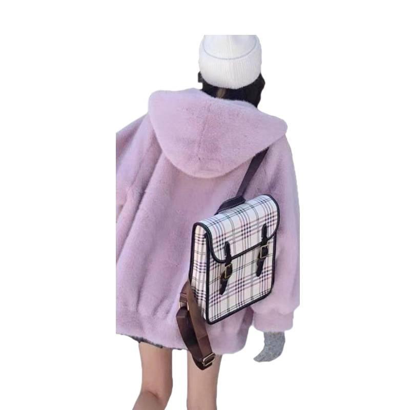 Pink hooded lamb fur integrated cotton clothing women's winter clothing small man thickened imitation mink fur jacket