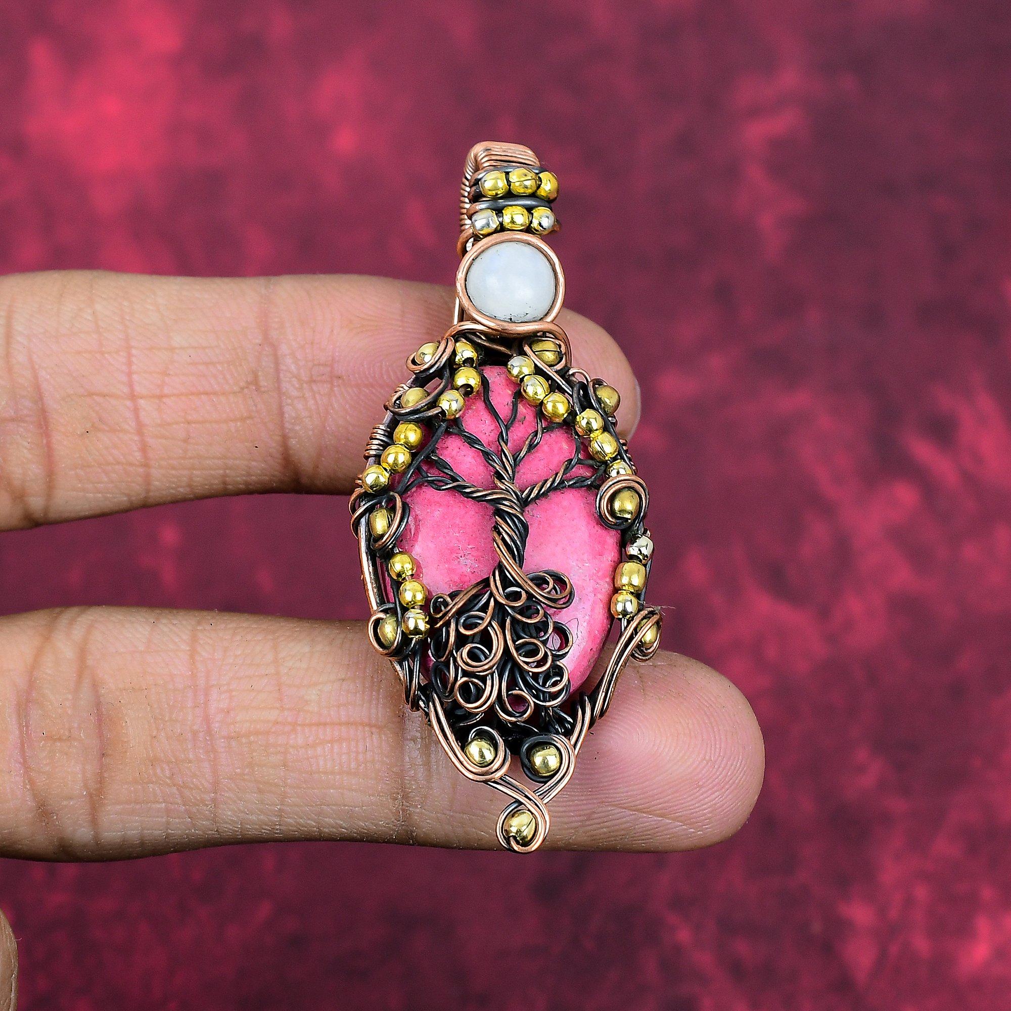 Tree of life thulite pendant copper wire wrapped pendant gemstone jewelry rainbow moonstone pendant handmade copper jewelry gifts for mother