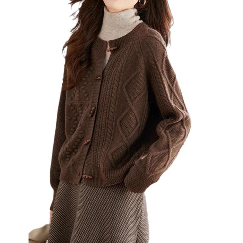 Corner buckle autumn and winter knitted cardigan retro commuter long-sleeved top loose and simple crew neck twist sweater jacket women