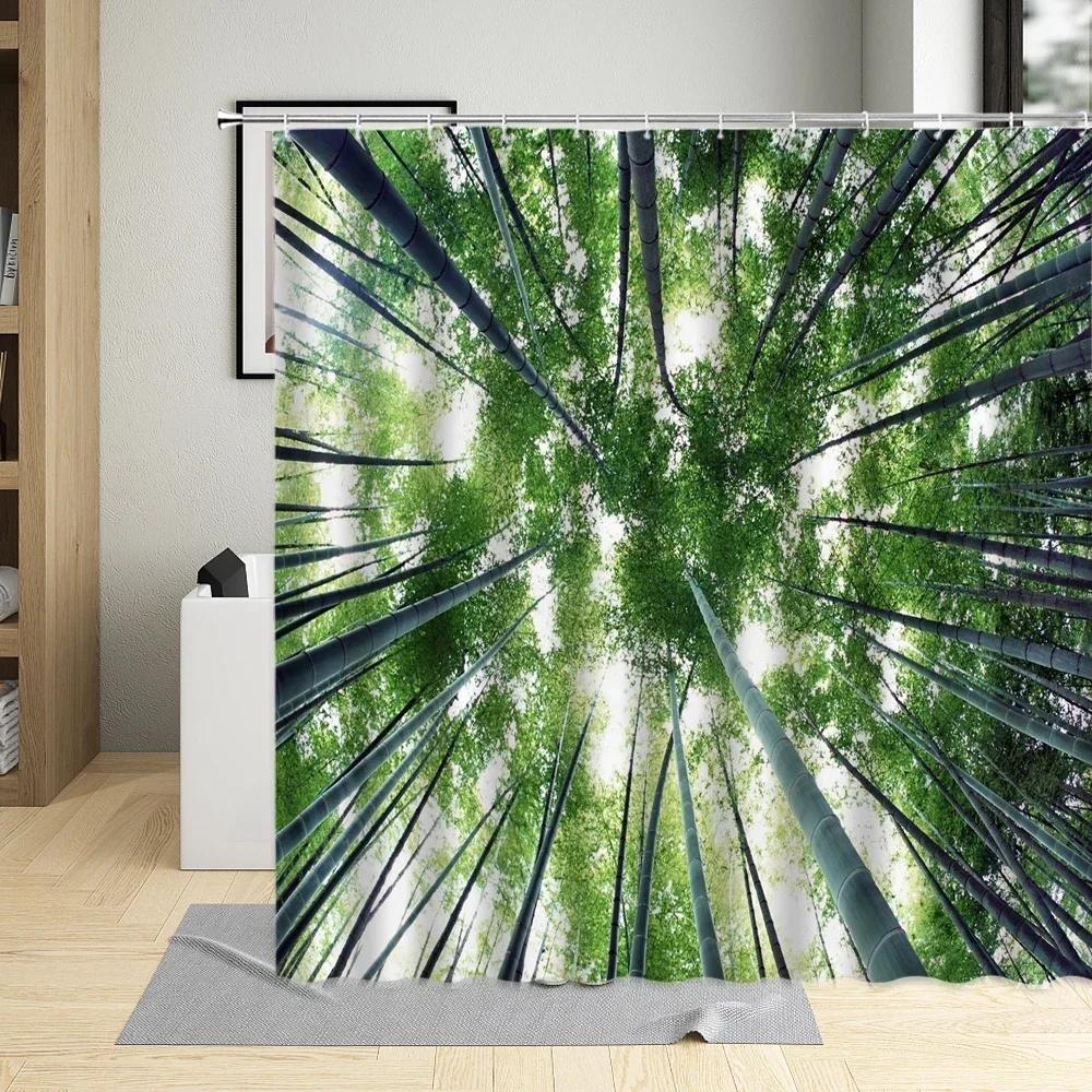

Бамбуковая шторка для душа Ванная комната Домашний декор Зеленые растения Пейзаж Занавески для ванной с крючками Полиэстер Водонепроницаемая ткань Стираемая 90x180cm-35x70in