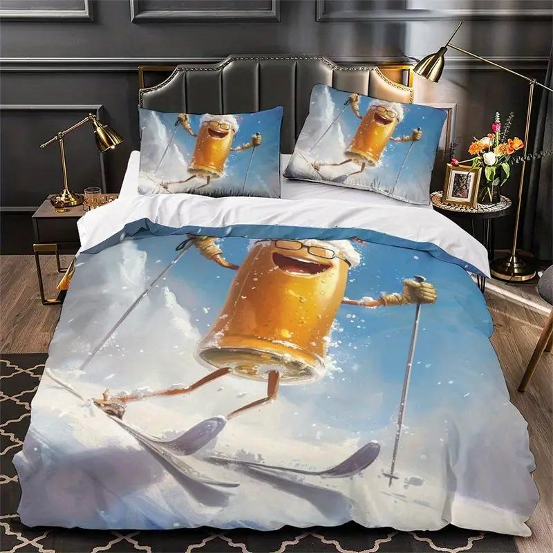 Ski Duvet Set Extreme Sports Themed Bedding Set Adult Youth Snow Mountain Printing Three-Piece Set